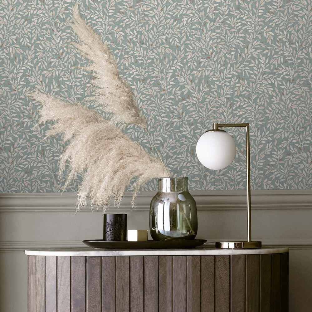 Next Ditsy Leaf Duck Egg Wallpaper 11 yds Botanical Natural Neutral Open Pack